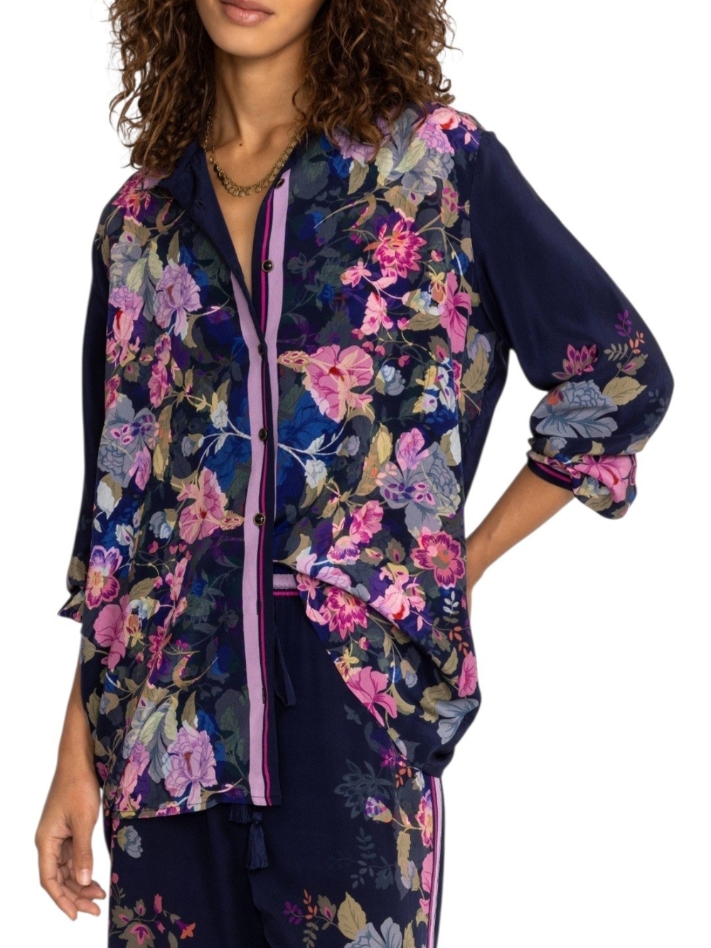 Johnny Was Valeria 100% Silk Floral Button Down Shirt Navy Size L
